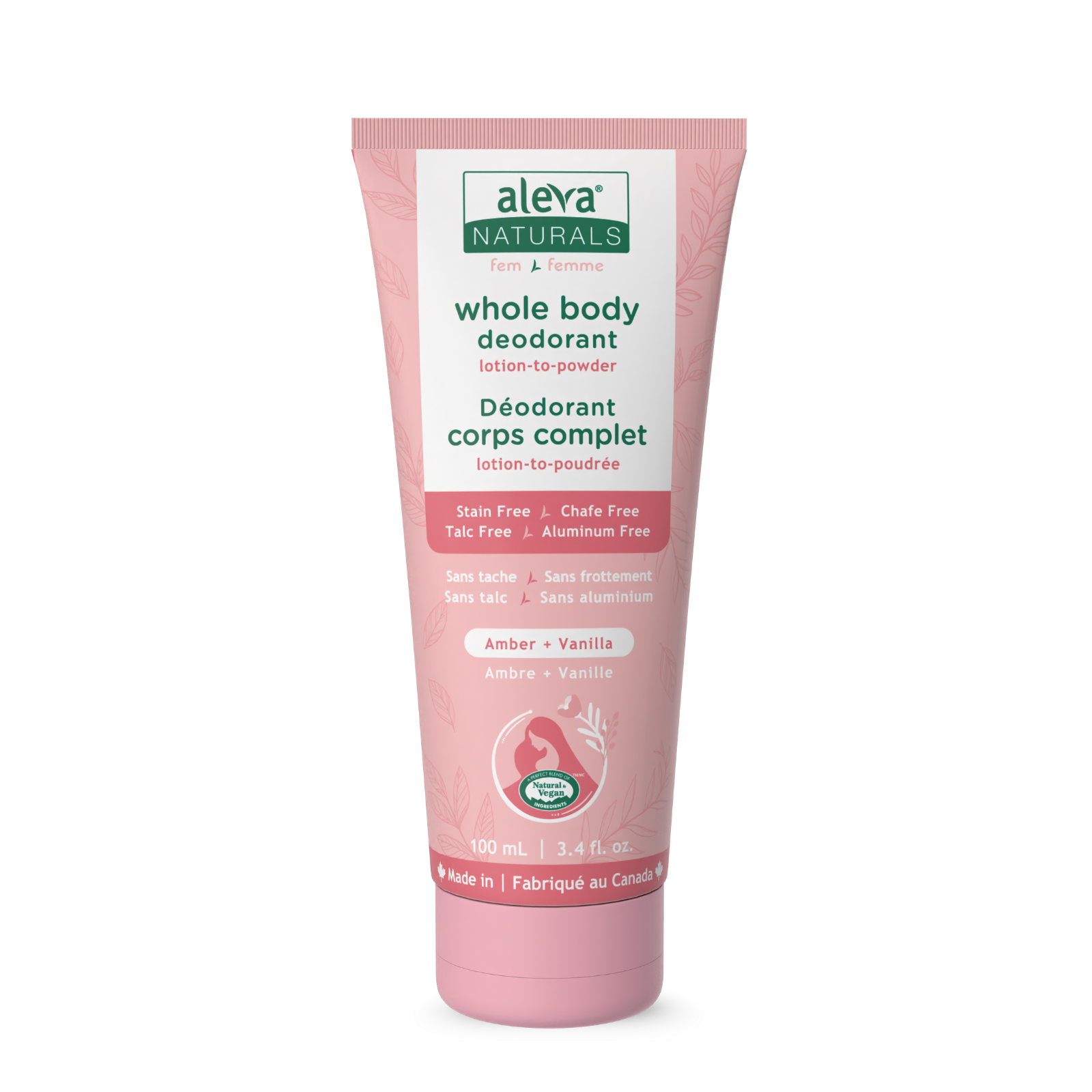 Front facing product shot of pink Aleva Naturals Tube for whole body womens deodorant. CGI on a white background 